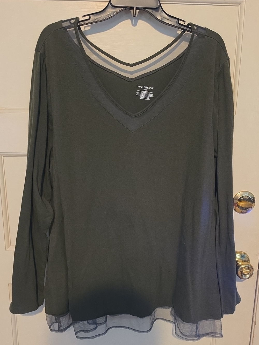 Lane Bryant Black Long Sleeve V-Neck Top with Sheer Trim Detail